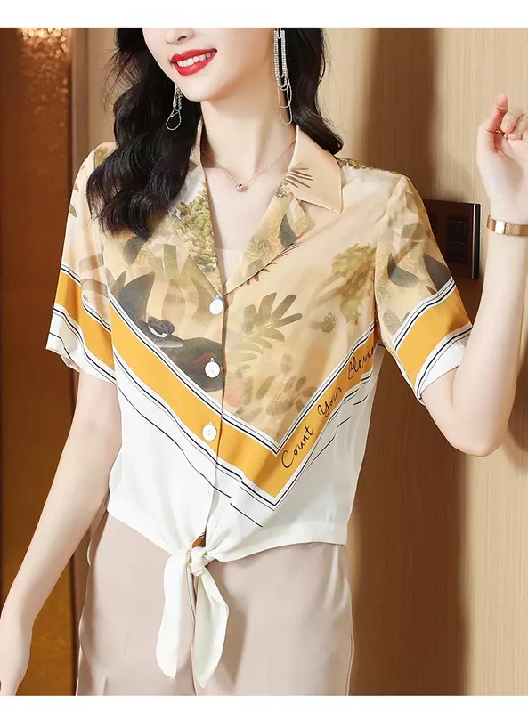 YCMYUNYAN-قميص نسائي كلاسيكي من الساتان ، بلوزات مطبوعة من الحرير ، أكمام قصيرة ، توبات نسائية فضفاضة ، ملابس عصرية برقبة بولو ، الصيف