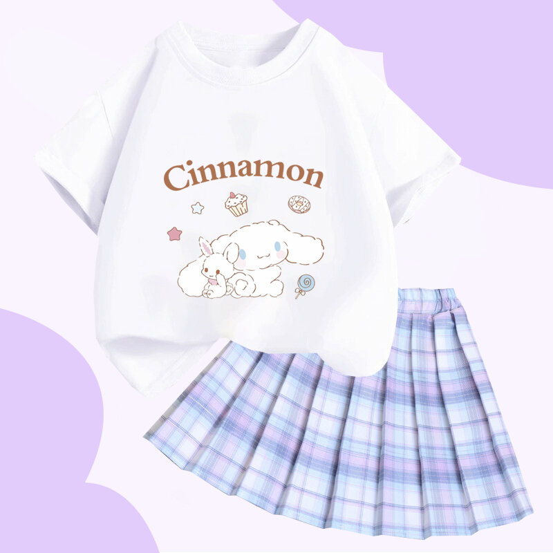 قميص للفتيات سانريو سينامورول بتصميم جامعي ، طقم تنورة قصيرة ، توب مطوي ، ميلودي ، هدية صيفية