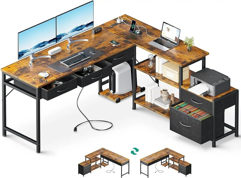 مكتب كمبيوتر على شكل حرف L ، أدراج قماشية وخزانة ملفات ، مكتب محطة عمل منزلي قابل للعكس 61 "مع منافذ طاقة