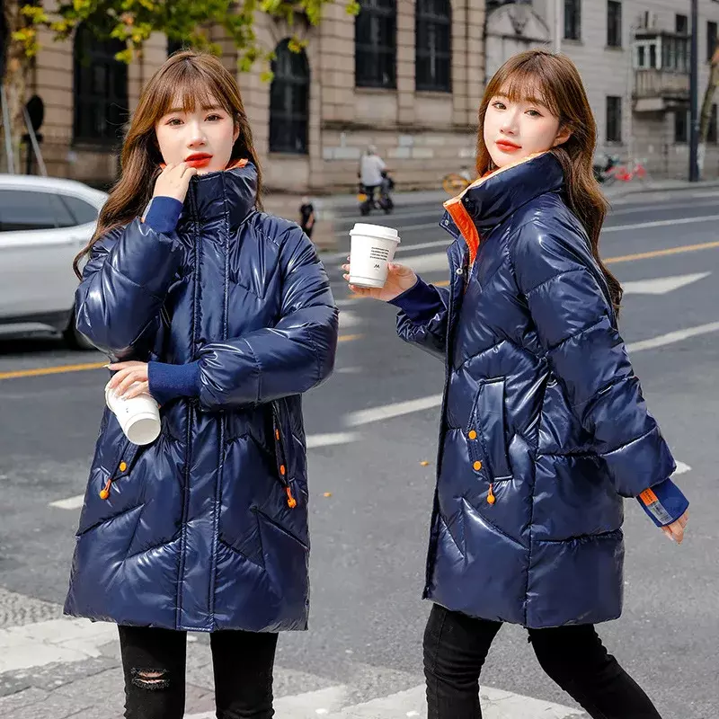 الشتاء الملابس للنساء سترة لامعة النسخة الكورية فضفاضة طويلة الوقوف طوق خدمة الخبز القطن