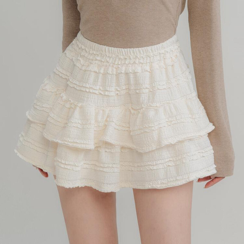 ديبتاون-تنورة نسائية صغيرة كشكشة ، تنورات قصيرة من الدانتيل ، تنورة متعددة الطبقات ، مرقعة ، أزياء كورية جميلة ، أنيقة ، بيضاء