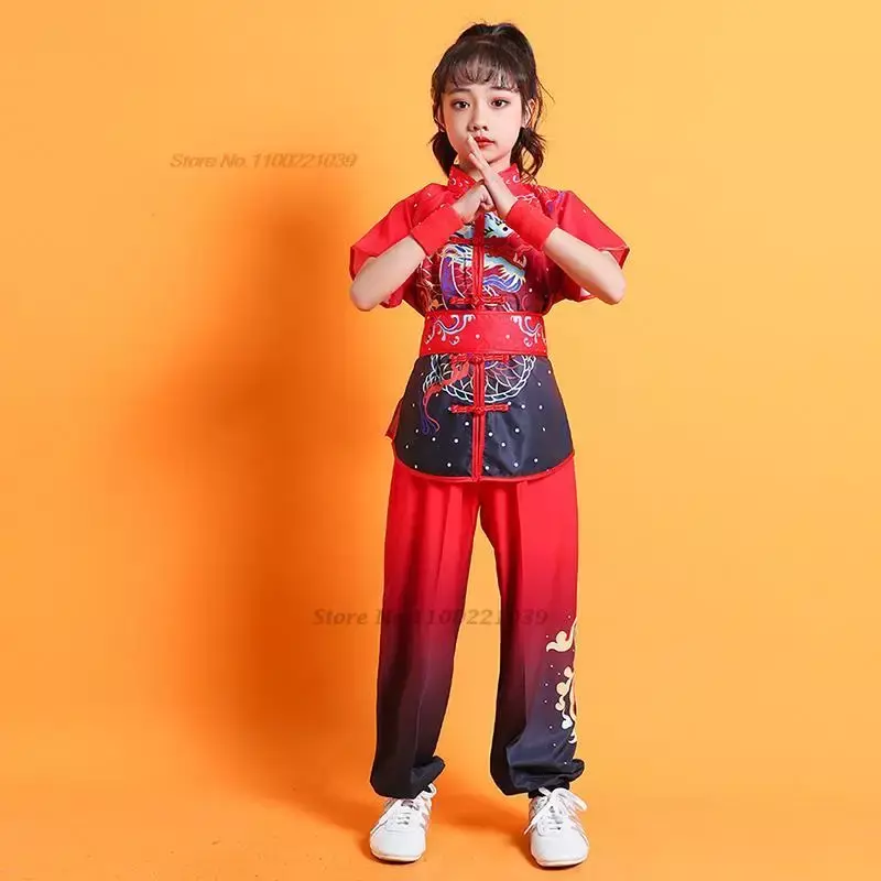 مجموعة ملابس الووشو الصينية للأطفال ، بدلة تاي تشي ، زي الكونغ فو ، طبعة تنين ، جناح شون شاولين ، فنون الدفاع عن النفس ، الكونجفو ،