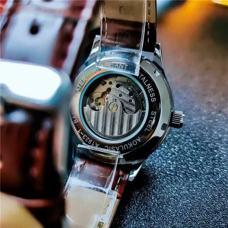 ساعة ميكانيكية أوتوماتيكية للرجال ، مجوفة من أسفل مرحلة القمر ، حزام جلد غير رسمي ، ساعة