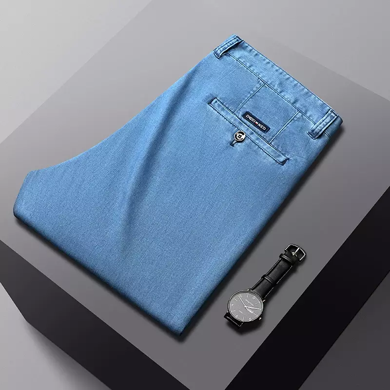 سراويل جينز كاجوال للأعمال للرجال ، جينز مستقيم مطاطي ، سراويل قماشية مشروط ، أزرق فاتح ، علامة تجارية للذكور ، جديد ، الربيع ، الخريف