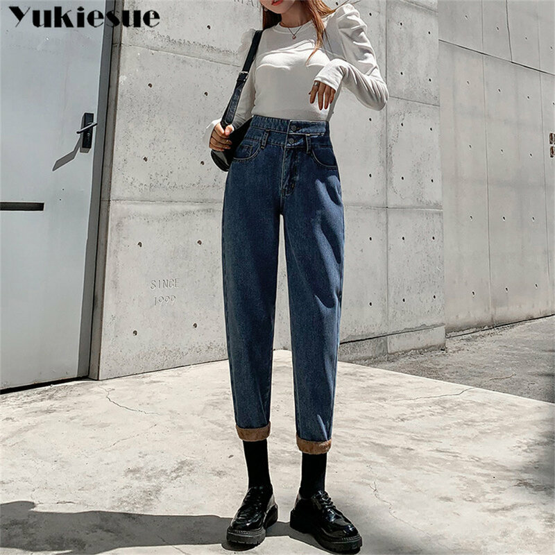 شتاء جديد الموضة خمر النمط الكوري المرأة الجينز عالية الخصر سراويل جينز شارع العليا Harajuku فضفاض الترفيه مستقيم بانت