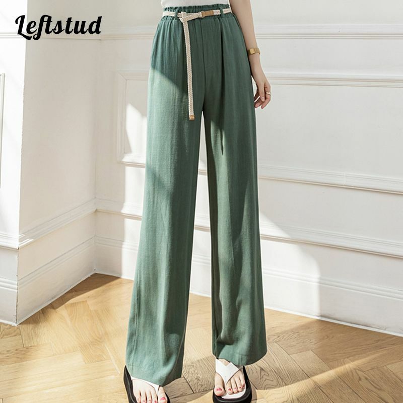Cotton Linen Fashion Belt Elastic High Waist Wide Leg Women's Pants 2022 Straight Korean Fashion Full-length Pants for Women