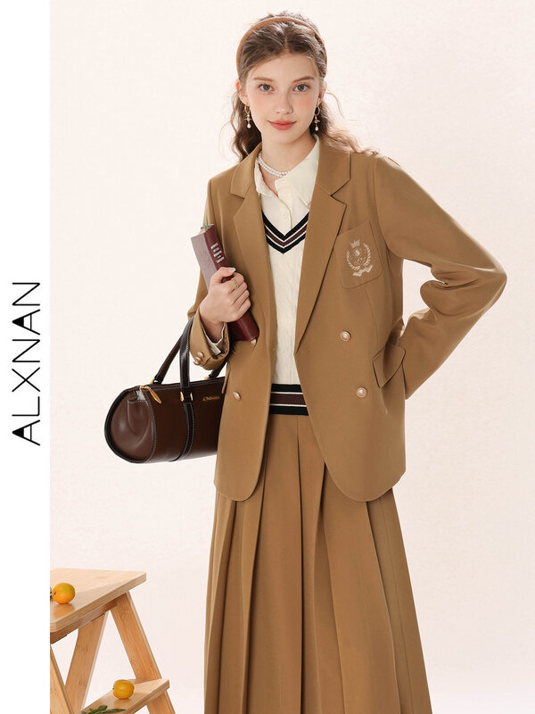 ALXNAN-الرجعية طقم من قطعتين للنساء ، سترة بصف واحد ، تنورة مطوي ، بدلة أزياء بنية اللون ، جديد ، الخريف ، ، TM00223