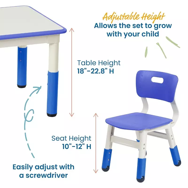طاولة متحركة للأطفال ، طاولة شبت جافة ، مربعة مع كرسيين ، أثاث قابل للتعديل ، أزرق ، مجموعة من 3