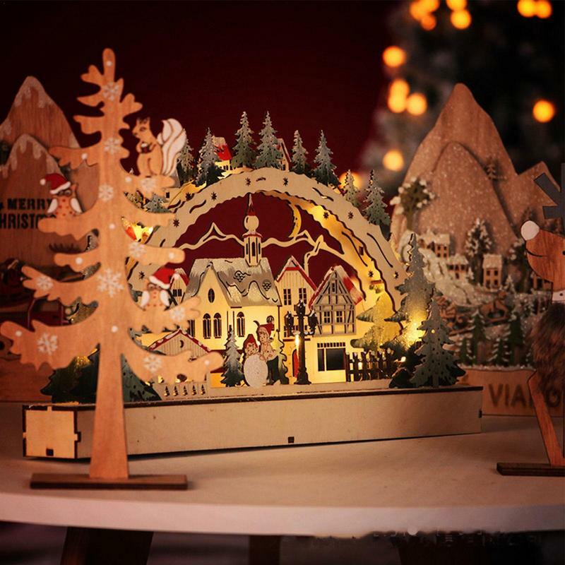 عيد الميلاد قرية ديكورات منزلية الإبداعية عيد الميلاد البيت مع مصباح ليد متوهجة سانتا كلوز منزل خشبي حلية LED مضاءة مسبقا