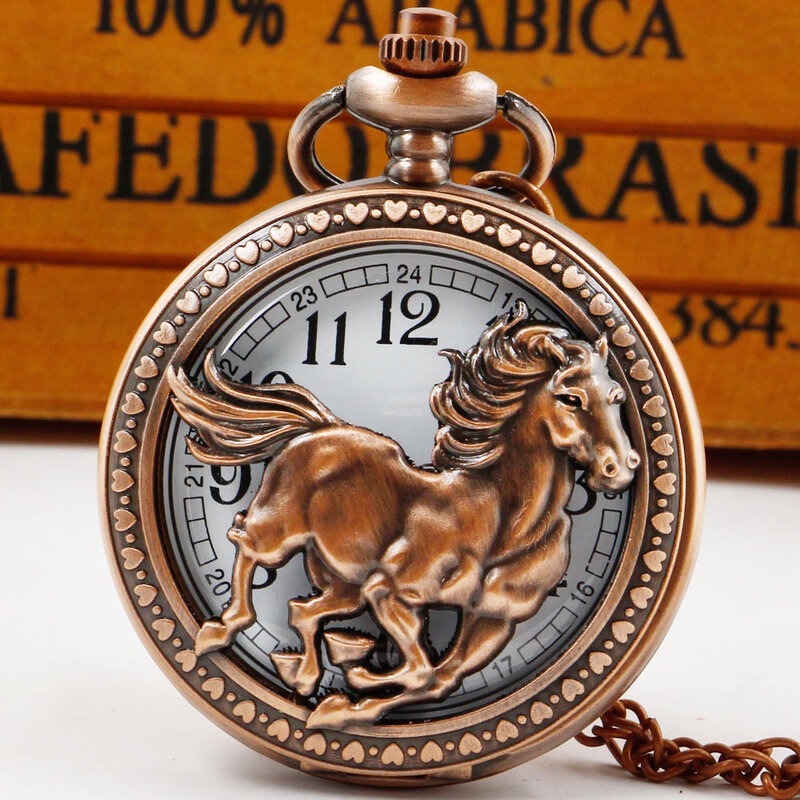 ريترو الأحمر براون الحصان كول وسيم الجوف ساعة جيب كوارتز جمع شخصية قلادة قلادة الذكور هدية