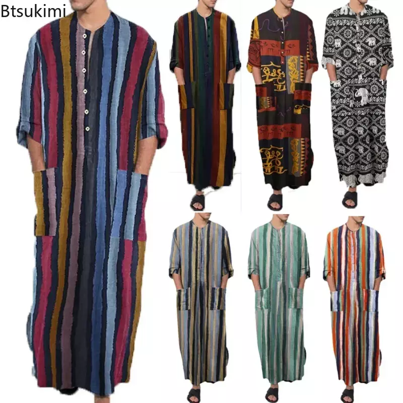 الرجال ثوب النوم Robes العربية مخطط قميص الملابس العرقية طويلة الأكمام الرجعية كيمونو البيت تنورة القطن Bathrobe الملابس الداخلية S-5XL