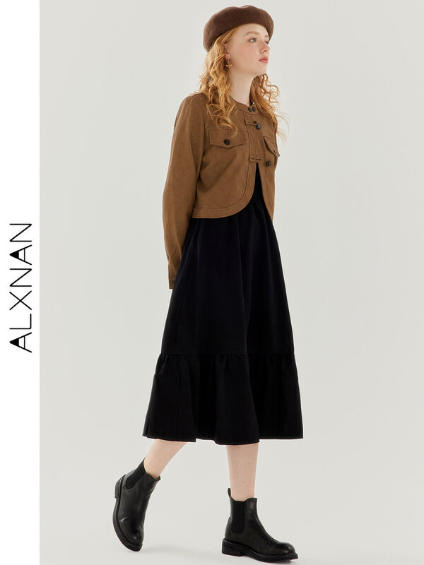 بدلة جاكيت جلدي عتيق للنساء من ALXNAN ، فستان بحمالات ، تصميم قصير ، بيع منفصل ، TM00603 ، الخريف ، الشتاء ،