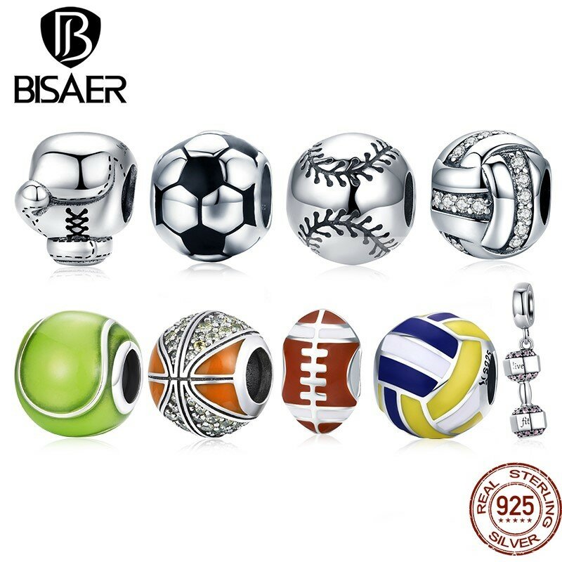 سلسلة كرات من الفضة الإسترليني من BISAER لعام 925 ، سوار مناسب لرياضة كرة القدم وكرة الطائرة وكرة السلة والتنس وكرة السلة