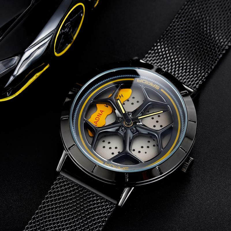 موضة الرجال ريم محور ساعة مخصصة تصميم سيارة ساعة اليد غير القابل للصدأ لا الطباعة سباق عجلة ريم محور ساعة رجل Relogio Masculino