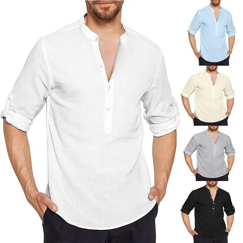 قمصان كتان قطنية للرجال ، قمصان كاجوال خفيفة الوزن ، أكمام طويلة ، قمصان شاطئ هينلي ، قمصان هاواي ، جديدة
