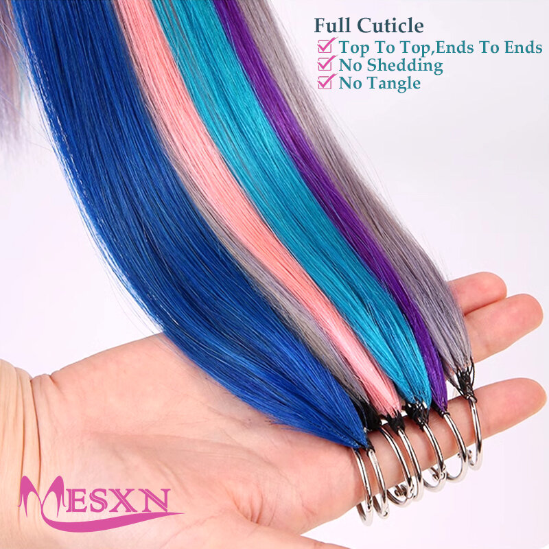 وصلات شعر ريشة بلون MESXN ، مستقيم ، طبيعي ، بشري حقيقي ، ميكرورينج ، أرجواني ، أزرق ، وردي ، رمادي ، 18-20"