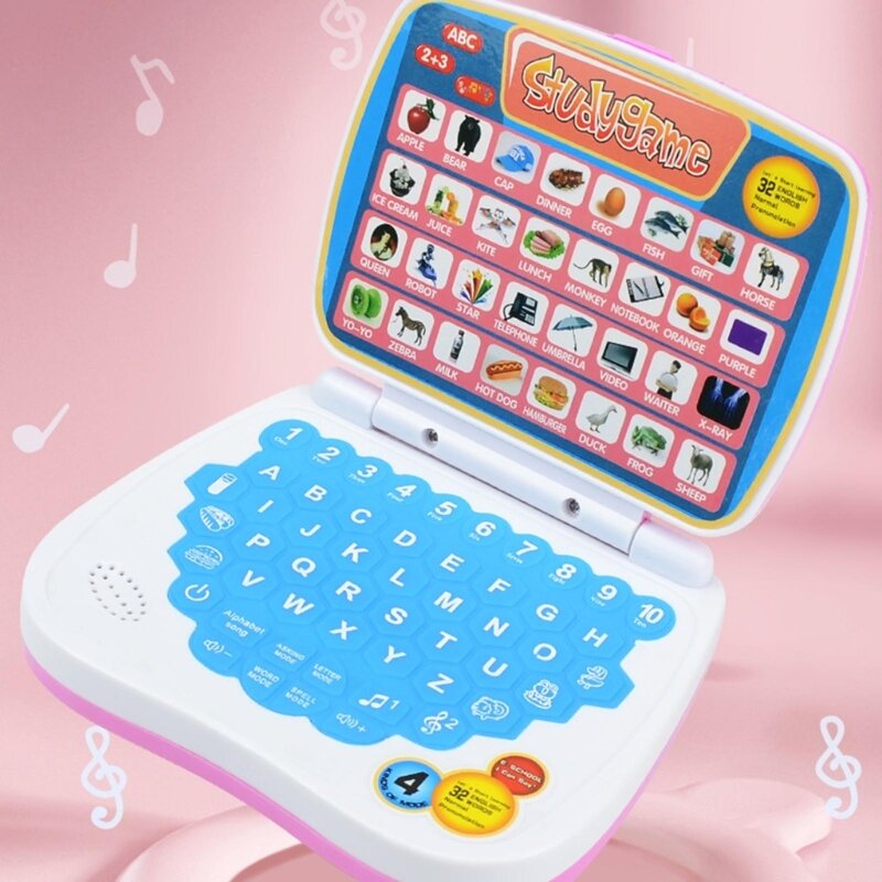 لعبة كمبيوتر محمول على شكل آلة تعليمية للأطفال مع أصوات وموسيقى تشجع على التعرف على الحروف والتهجئة والأرقام والأطعمة والحيوانات