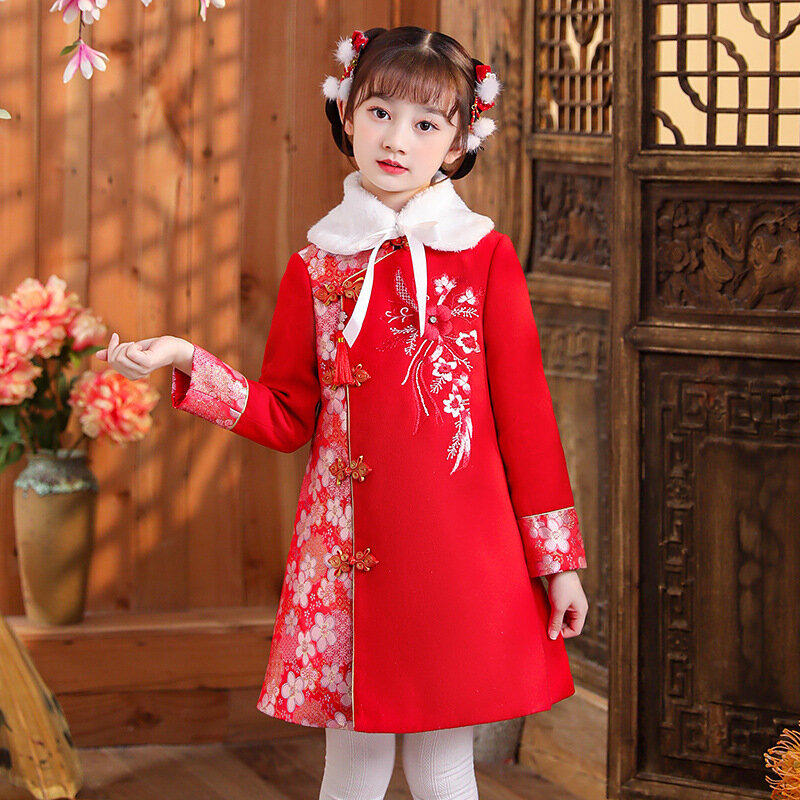 الفتيات Hanfu السنة الجديدة ملابس الأطفال الدافئة شيونغسام الصينية تانغ دعوى طفل الشتاء زائد المخملية لطيف التطريز فستان الحفلات