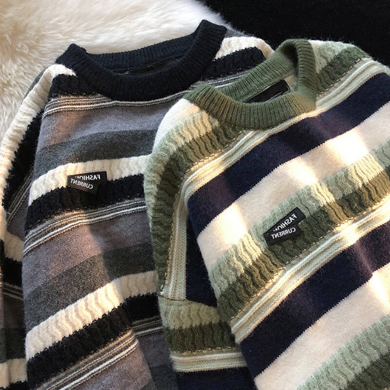 2023Autumn Winter Knit Sweater Male Preppy Style Men Sweaters Striped Vintage Pullovers Causal Harajuku All-match Men's Clothing
