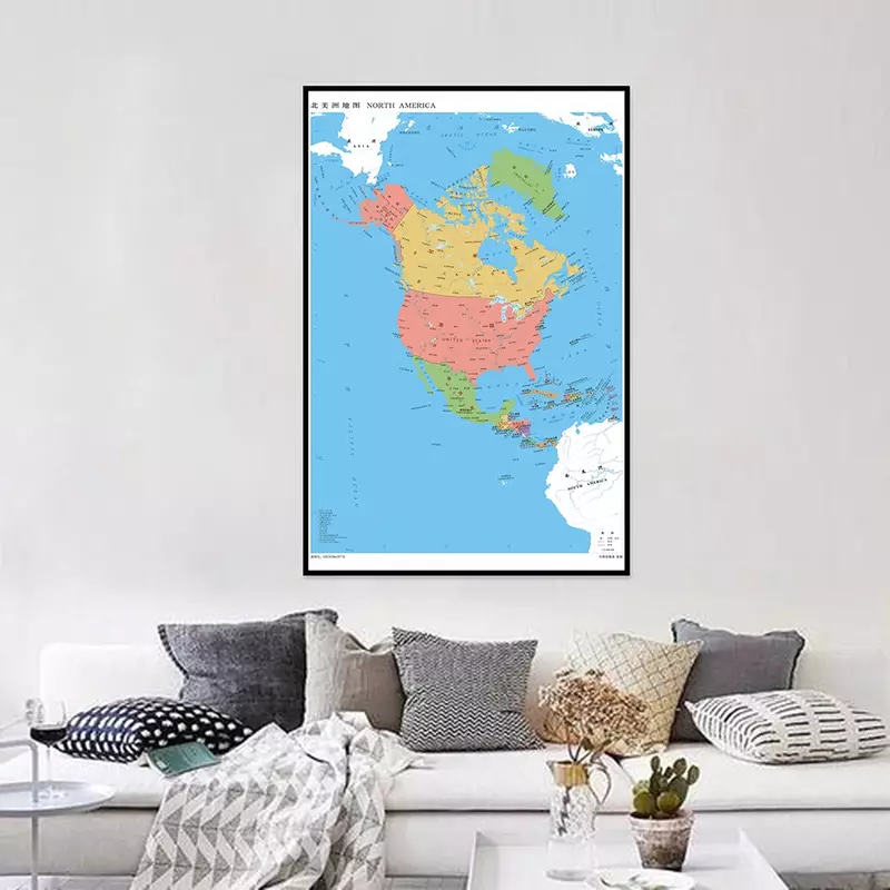خريطة عمودية لأمريكا الشمالية 420*594 مللي متر اللغة الصينية عديم الرائحة قماش جدار الفن صور ديكورات المنزل اللوازم المدرسية