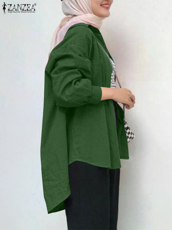 ZANZEA-تركيا ملابس مسلمة للنساء ، بلوزة متينة غير رسمية ، ملابس إسلامية عتيقة ، كم طويل المتضخم ، قميص رقبة بشكل طية صدر ، موضة ، 2023