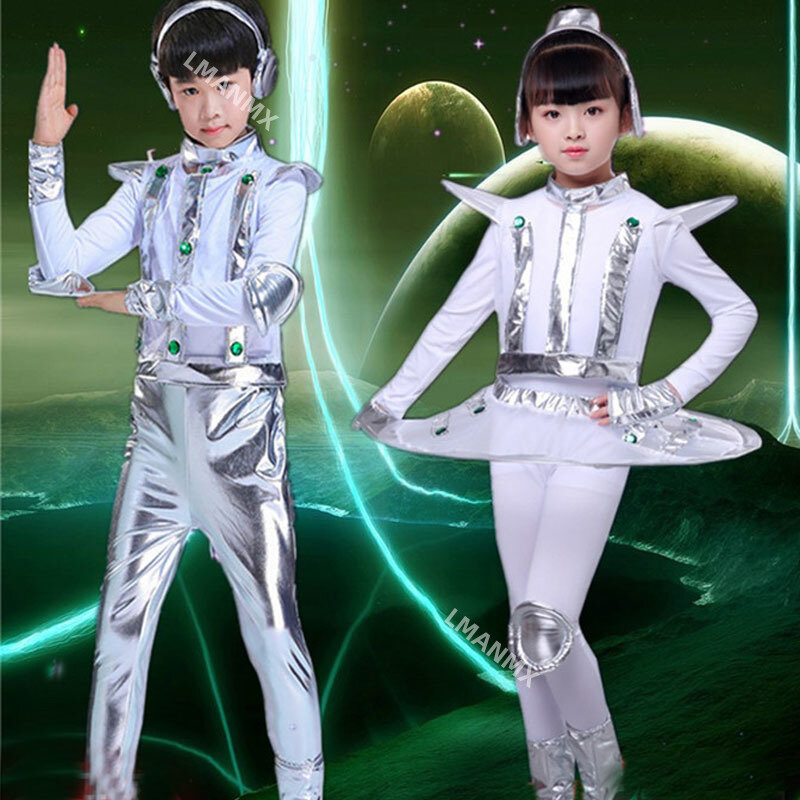 زي روبوت رائد فضاء للأطفال ، مرحلة الفضاء الأداء ، ملابس وقت عرض الرقص ، ملابس للجنسين للأولاد أو البنات ، فضي أبيض