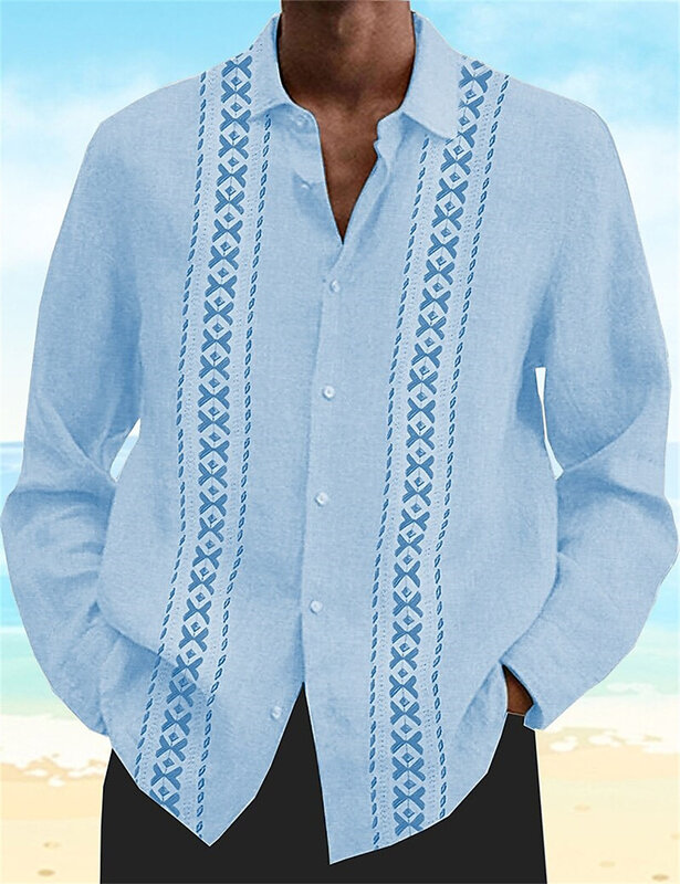 قميص رجالي مطبوع ثلاثي الأبعاد بأزرار مرقعة ، ملابس بأكمام طويلة ترفيهية لقضاء العطلات على الشاطئ في هاواي ، أزياء صيفية ، بلون واحد