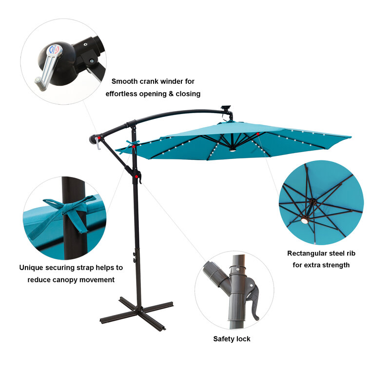 10 قدم إزاحة ناتئ مظلة فناء في الهواء الطلق مع مصابيح ليد بالطاقة الشمسيّة مع قائم بقاعدة متقاطعة