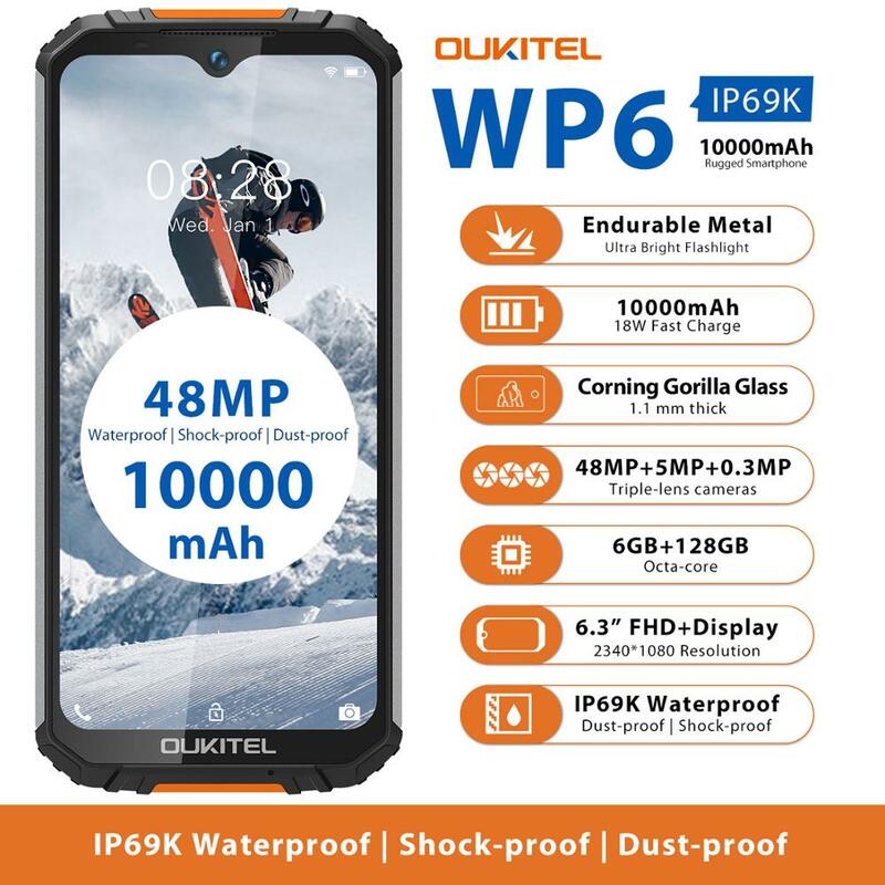 OUKITEL WP6 6GB + 128GB 10000mAh IP68 مقاوم للماء هاتف محمول وعر 6.3 ''FHD + 48MP كاميرا ثلاثية ثماني النواة الهاتف الذكي