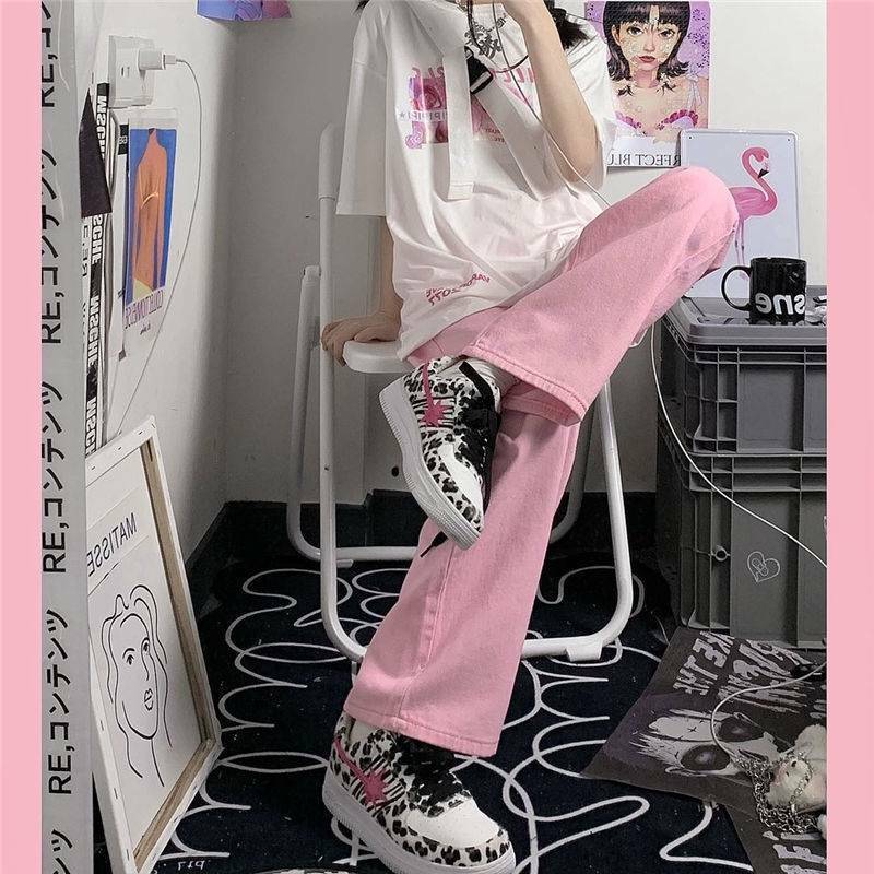 فضفاض الوردي جينز بنطال ذو قصة أرجل واسعة المرأة Kawaii الكورية القلب سلسلة منخفضة الارتفاع الدينيم السراويل الشارع الشهير فضفاض بنطلون