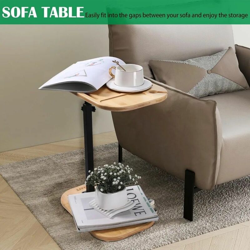 طاولة نهاية على شكل C من الخيزران لذراع الأريكة ، طاولة جانبية أريكة صغيرة ، ارتفاع قابل للتعديل ، مساحات صغيرة ، طاولة صينية تلفزيون دوارة