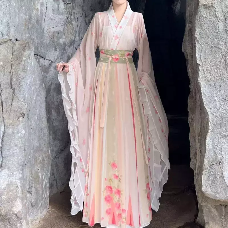 مجموعة فستان من WeiJin Dynasty Hanfu على الطراز الصيني للنساء ، فستان أنيق تقليدي ، طباعة زهور ، رداء طويل خرافي ، بدلة تأثيري ، أنثى