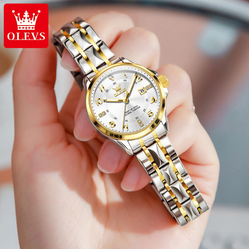 ساعة OLEVS-ساعة كوارتز كلاسيكية فاخرة للرجال والنساء ، ساعة مقاومة للماء من الفولاذ المقاوم للصدأ ، قرص رقمي ماسي ، علامة تجارية أصلية