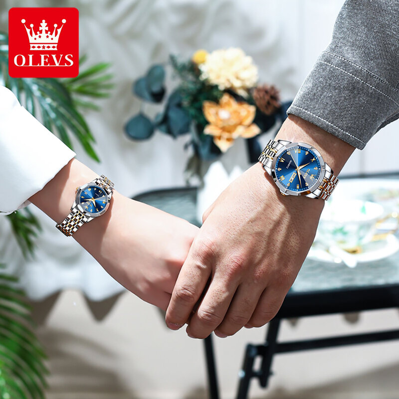 OLEVS-طقم ساعات زوجين لها ، ساعة يد كوارتز للرجال والنساء ، حزام صلب مقاوم للصدأ ، تصميم معين ، هدايا ساعة العشاق
