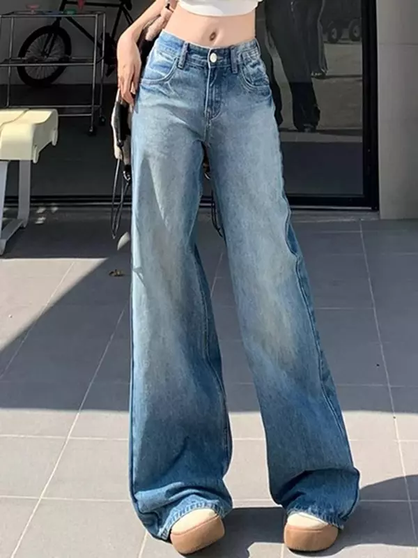 جينز نسائي بسيط فضفاض واسع الساق ، سراويل نسائية كلاسيكية ، أساسية مغسولة ، بطول كامل ، جينز مستقيم غير رسمي ، موضة عتيقة ، ربيعية