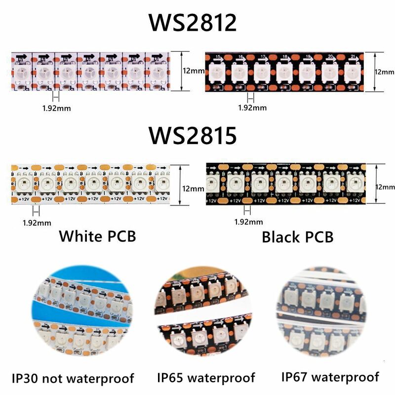 1-3 متر WS2812B WS2815 Led قطاع 144 بكسل/المصابيح/م عنونة IC الذكية 5050 RGB led قطاع ضوء IP30/IP65/IP67 DC5V/12 فولت
