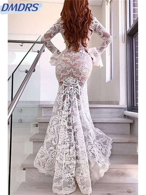 فستان زفاف مثير بأكمام طويلة ، فستان زفاف بسيط برقبة V عميقة ، فستان دانتيل أنيق بطول الأرضية ،
