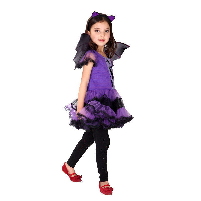 هالوين يتوهم حفلة تنكرية الأرجواني الخفافيش زي تنكري لفتاة الأطفال تأثيري الدعائم فستان رقص ازياء للأطفال فستان فتاة هدية
