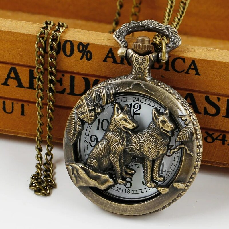 كول كلب كلب الذئب تصميم الجوف كوارتز ساعة الجيب العتيقة برونزية قلادة قلادة الساعات النساء الرجال الهدايا