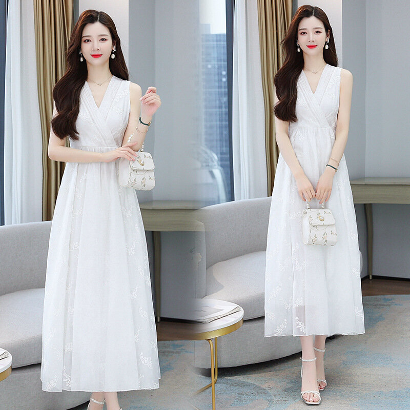 Chiffon Flower White Summer Dress Elegant Women's French V-neck Dress 2022 New A-line Skirt Women's Banquet Ceremonial Robe
