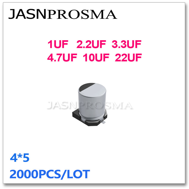 JASNPROSMA 2000 قطعة 4*5 1 فائق التوهج 2.2 فائق التوهج 3.3 فائق التوهج 4.7 فائق التوهج 10 فائق التوهج 22 فائق التوهج 10V 16V 25V 35V 50V SMD 4x5 الألومنيوم كهربائيا المكثفات
