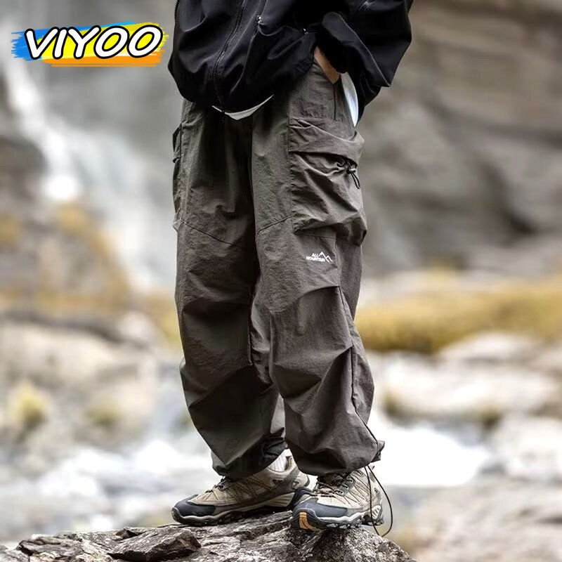 سراويل فضفاضة بساق واسعة للرجال مع جيوب ، سراويل جينز ، تسلق الجبال ، سراويل بضائع أنيقة ، في الهواء الطلق ، الربيع ، الصيف ، Y2K