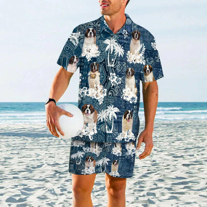 PLstar كوزموس بدلة الصيف سانت برنارد هاواي مجموعة ثلاثية الأبعاد مطبوعة هاواي قميص + شورتات للبحر الرجال للنساء مضحك الكلب الملابس