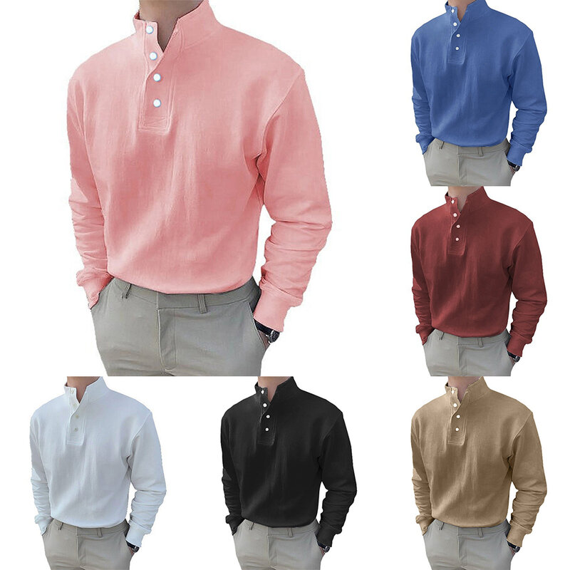 قمصان رجالية عادية زر ، رقبة عالية ، الوقوف طوق ، بلوزة أحادية اللون ، طويلة الأكمام تي شيرت ، قميص فضفاض ، قميص الشارع العصرية ، ملابس الرجال