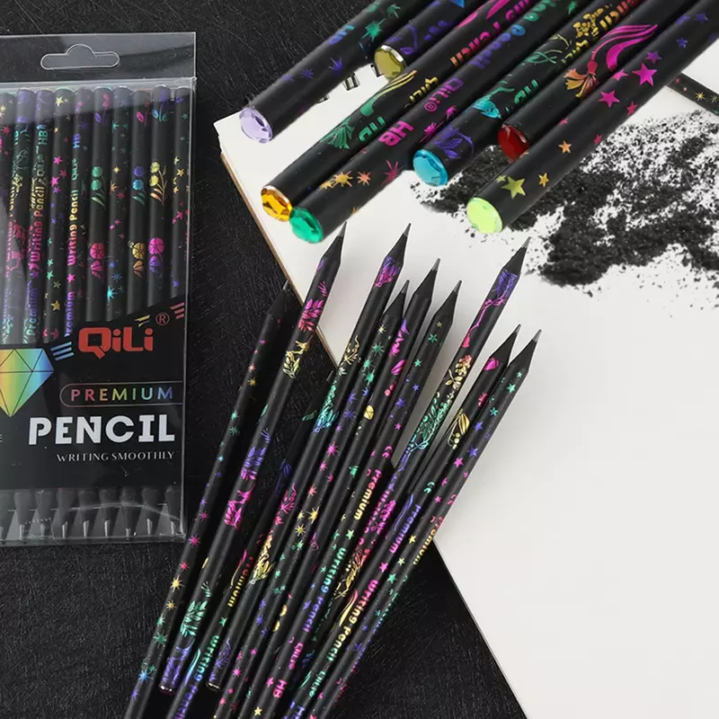 قلم رصاص ماسي من الخشب المقلد باللون الأسود ، قلم رصاص HB للطلاب للكتابة والرسم ، 12 في كل مجموعة