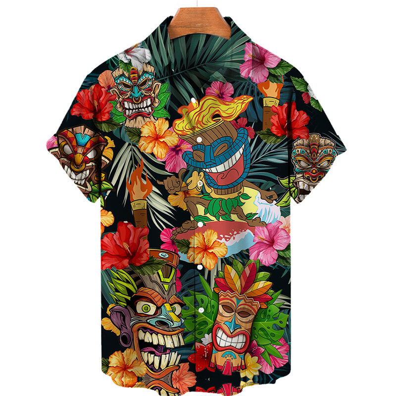 هاواي الرجال قميص الشارع الشاطئ المتضخم 5XL الجمجمة ثلاثية الأبعاد الطباعة الصيف واحدة الصدر ملابس عصرية غير رسمية بأكمام قصيرة