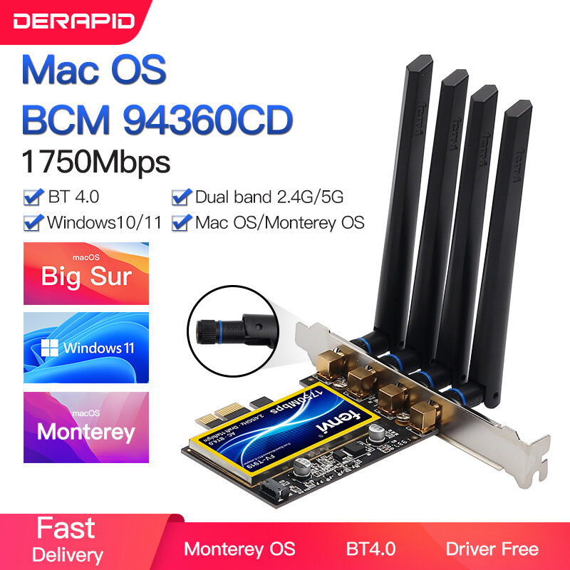 1750Mbps Fenvi T919 PCIe واي فاي بطاقة محول BCM94360 ل MacOS هاكينتوش بلوتوث 4.0 802.11ac 2.4G/5GHz ثنائي النطاق حاسوب شخصي مكتبي