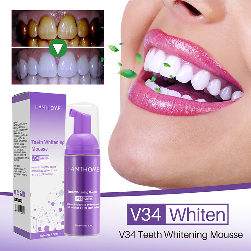 V34 موس معجون أسنان, معجون أسنان فعال لتبييض الأسنان, إزالة وصمة عار الأسنان, أصفر, فموي, 50 مللي