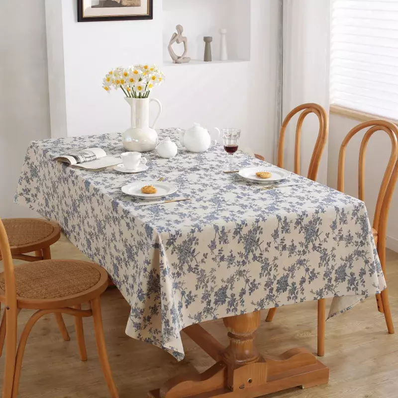 مفارش مائدة بنقشة زهور عتيقة ، قماش طاولة زهور أزرق مستطيلي ، أغطية طاولة قابلة للغسل للمطبخ ، غرفة المعيشة ، ديكورات مقاومة للأتربة