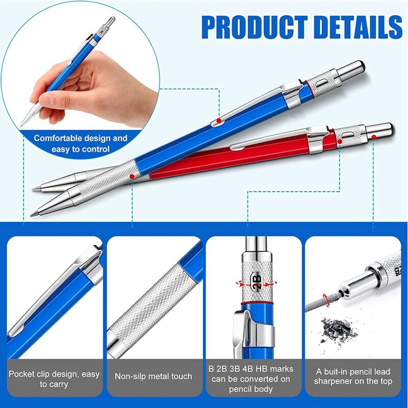 قلم رصاص فضي لحام مع عبوات مستديرة ، أقلام نجار ميكانيكية ، قلم ماركر ، أداة لحام
